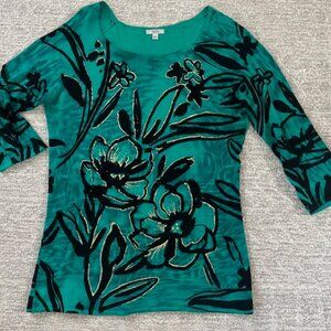 Cache women tunic sweater Green Gold Flower 3/4 sleeve Size L